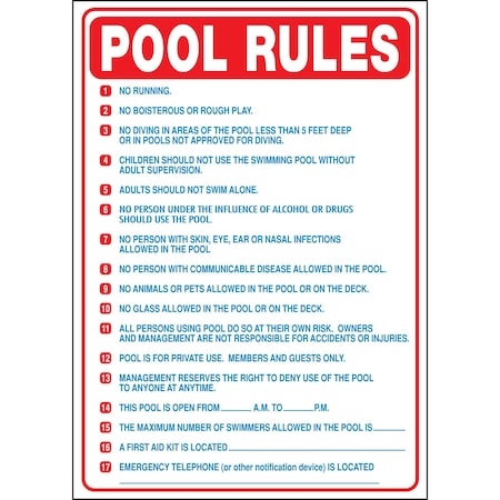 Hy-Ko Pool Rules (North Carolina) Sign 20" x 28", 5PK A20413